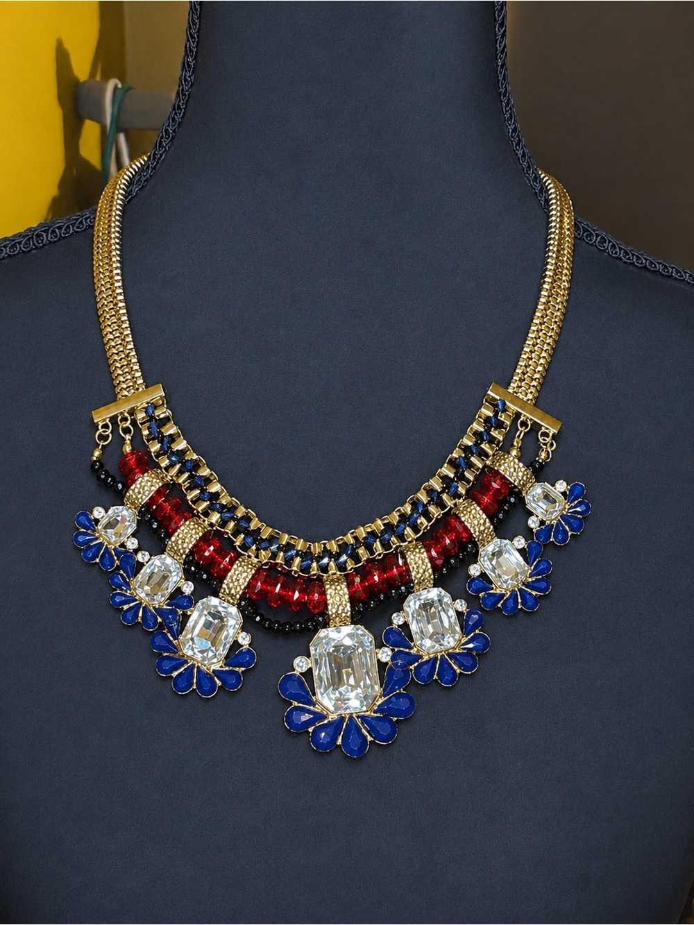 Statement Gold Necklace with Blue, Red and Clear Stones USA costume jewelry